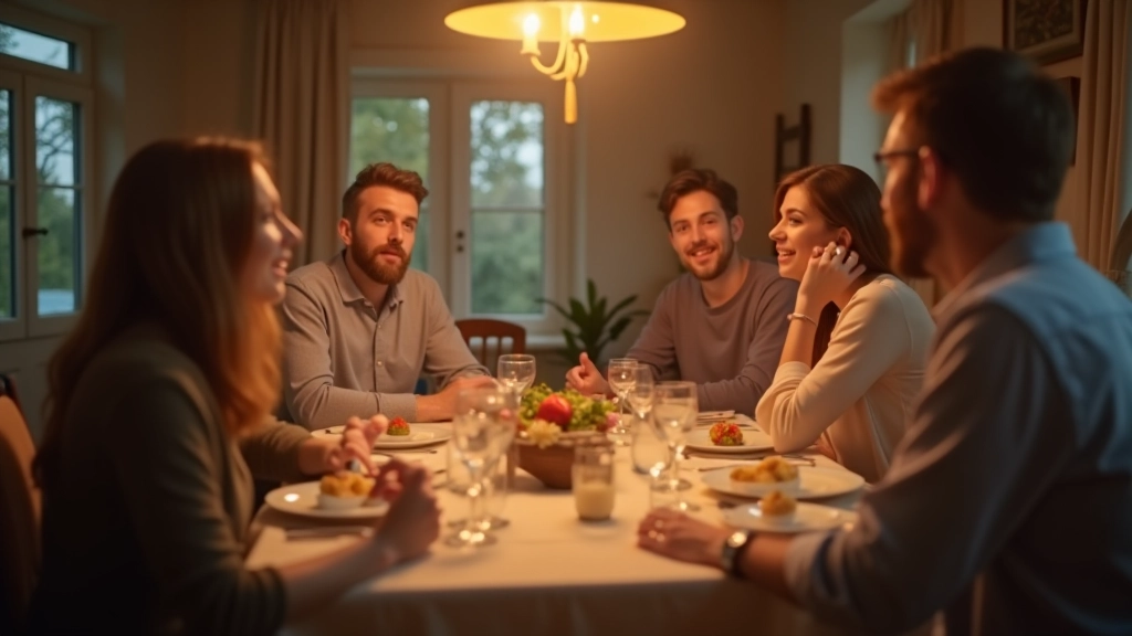Familie zit rond eettafel met open en ontspannen lichaamstaal