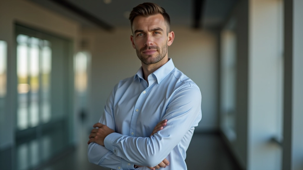Man in kantoor, staande houding, open lichaamstaal, zelfverzekerde uitstraling, professionele kleding