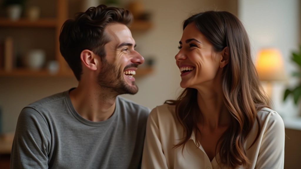 Man en vrouw lachen samen, intiem moment van verbondenheid in vertrouwde omgeving