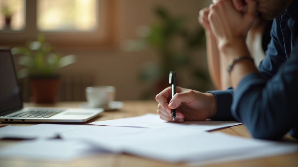 Persoon schrijft notities op papier, reflectief moment, rustig werktafeltje