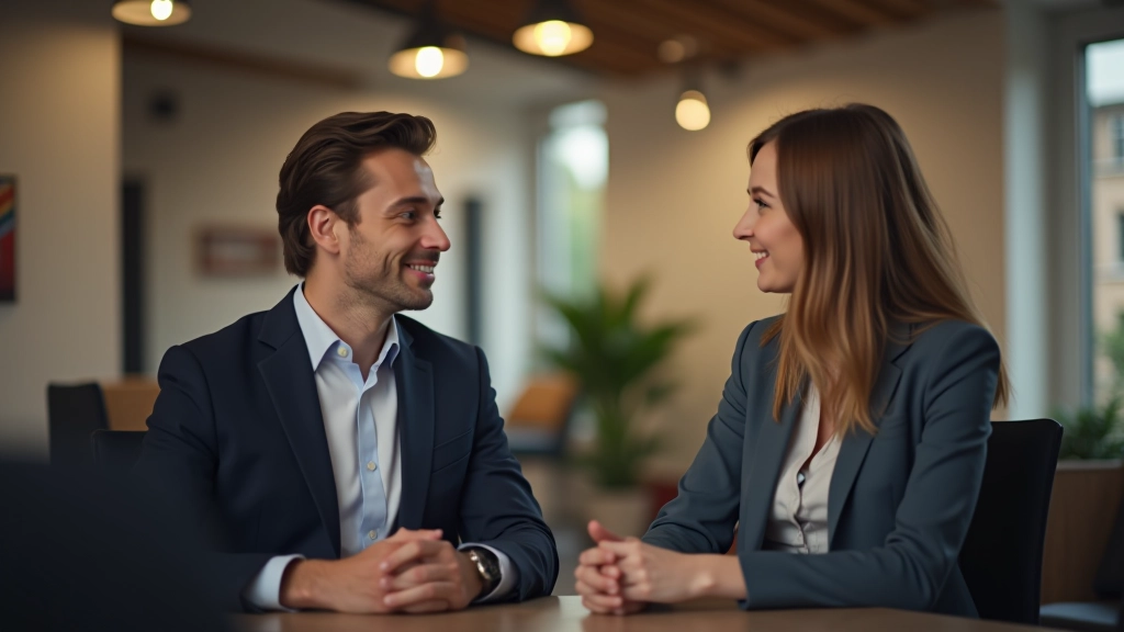 Twee volwassenen in gesprek, vriendelijk oogcontact, ontspannen houding, kantoor setting