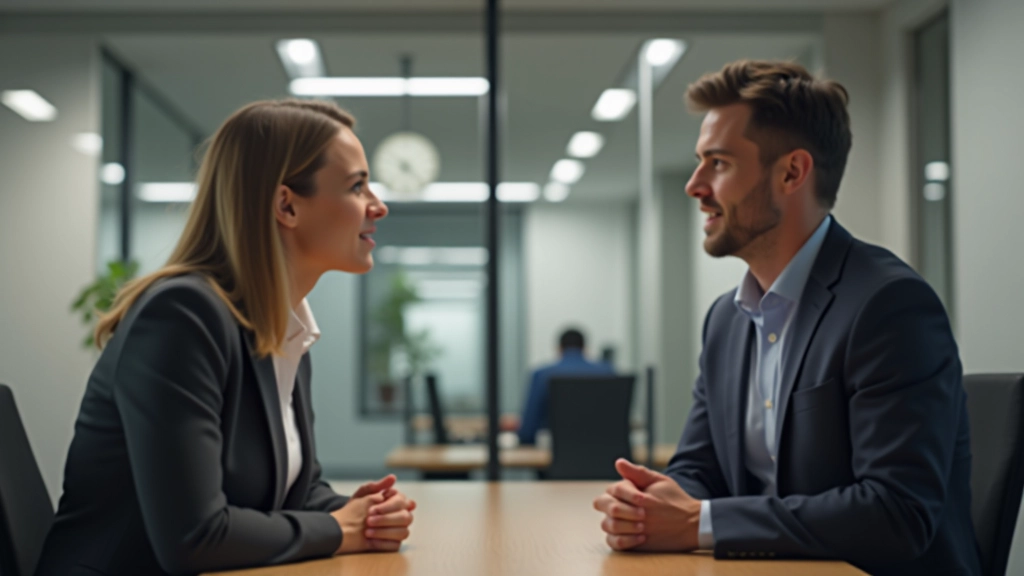 Twee personen in professionele setting, luisterend moment, respectvolle houding, kantoor background
