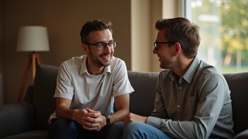 Twee volwassenen in diep gesprek, rustige woonkameromgeving met zacht licht