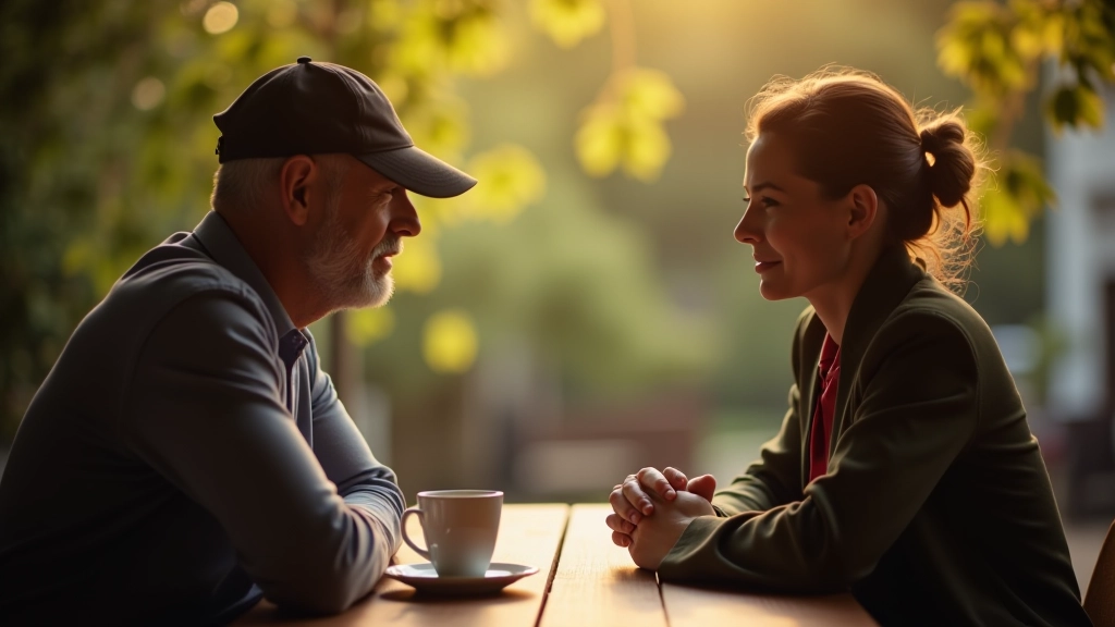 Twee volwassenen hebben een diep gesprek aan een houten tafel met koffie