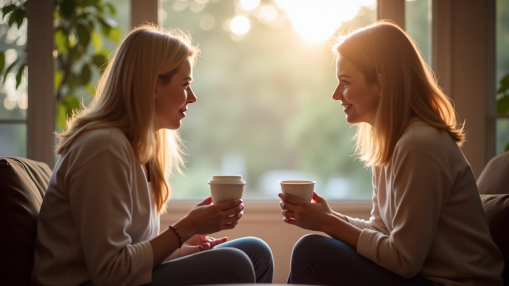 Twee mensen in gemoedelijk gesprek, koffie, warme sfeer, vertrouwde omgeving