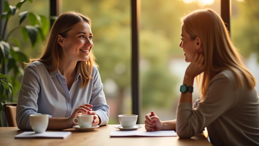 Twee vrouwen hebben eerlijk gesprek aan tafel, vriendschappelijke sfeer met thee en notitieboekjes