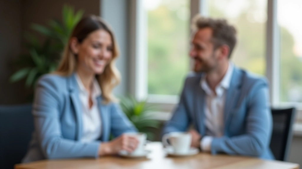Twee volwassenen in diep gesprek aan een houten tafel met kopjes koffie