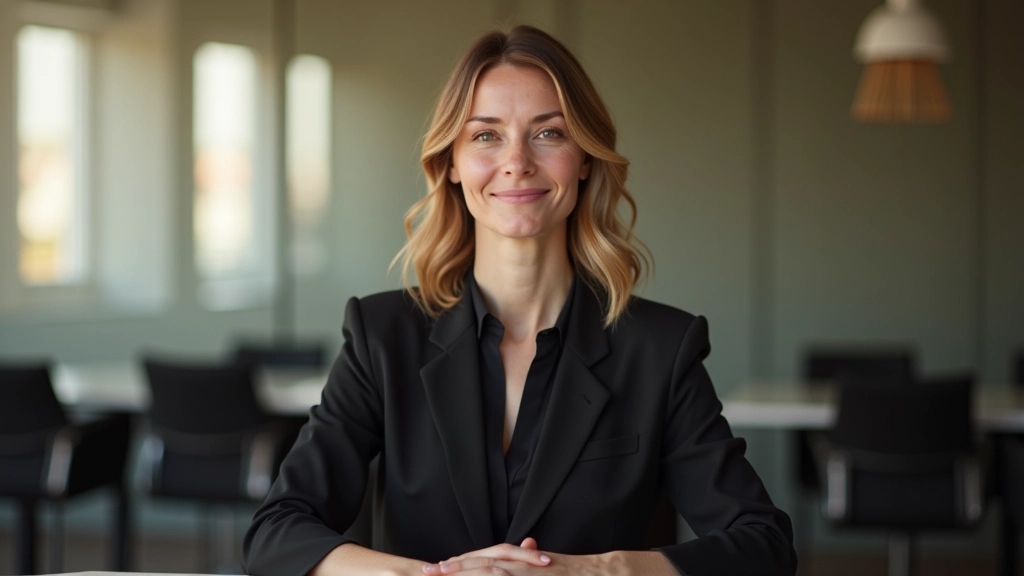 Vrouw in gesprek, rustige lichaamshouding, zelfverzekerde houding, modern interieur, warme verlichting
